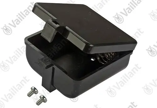 Schwarzes Vaillant Batteriegehäuse mit offenem Deckel und Federmechanismus, abgebildet zusammen mit zwei Schrauben.